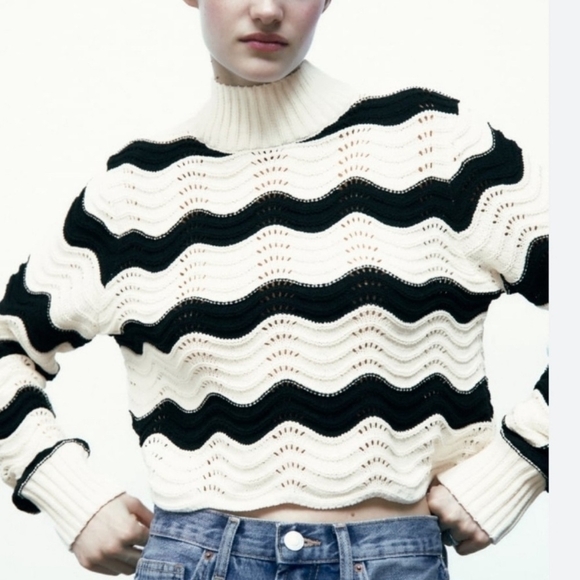 Women’s Sweater ZARA Funnel Neck Black White Zig Zag Stripe Long Sleeve Crop Top - Picture 2 of 8